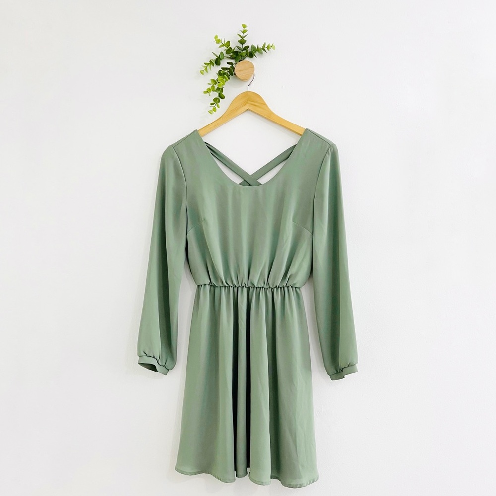 Lush Light Green Long Sleeve Cinched Waist Dress